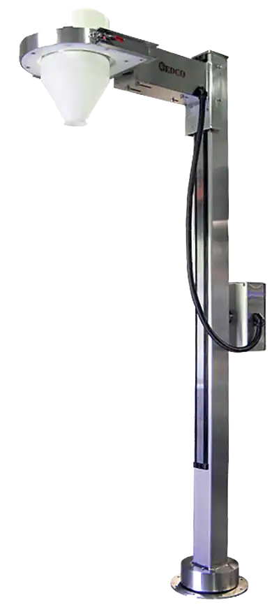 pneumatic column lift system designed to lift, invert, and dock poly bottles directly to mix tanks